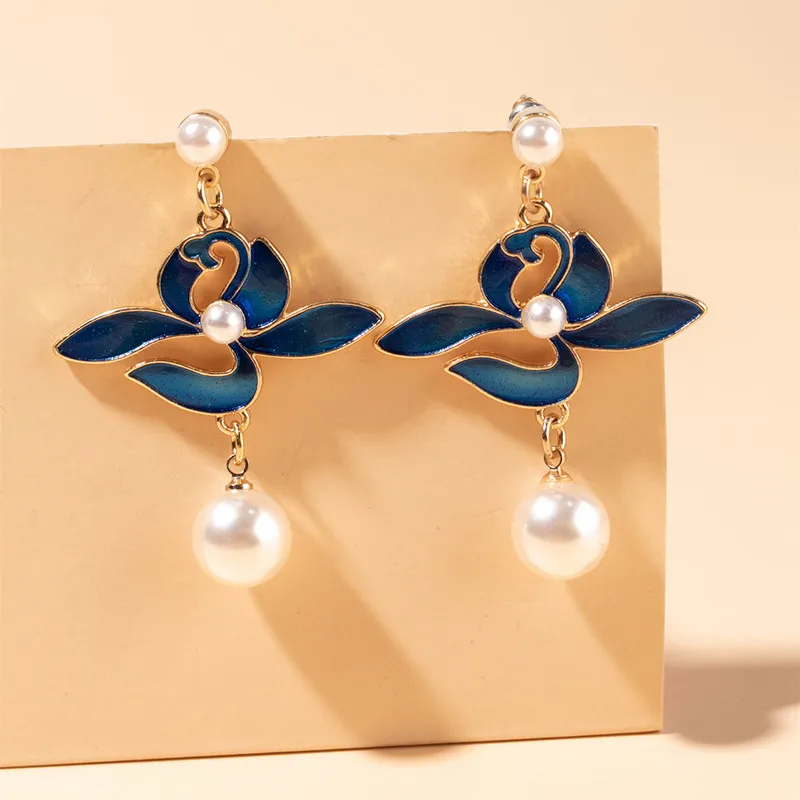 Blue Flower Pearl Dangel Earrings Ethnic Boho Long Drop Earrings Fashion New Earrings for Women Holiday Jewelry Wholesale