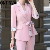 plus size 5xl 4xl s m pink irregular design blazer with pocket print floral waist belt sashes 2021 autumn winter elegant jacket