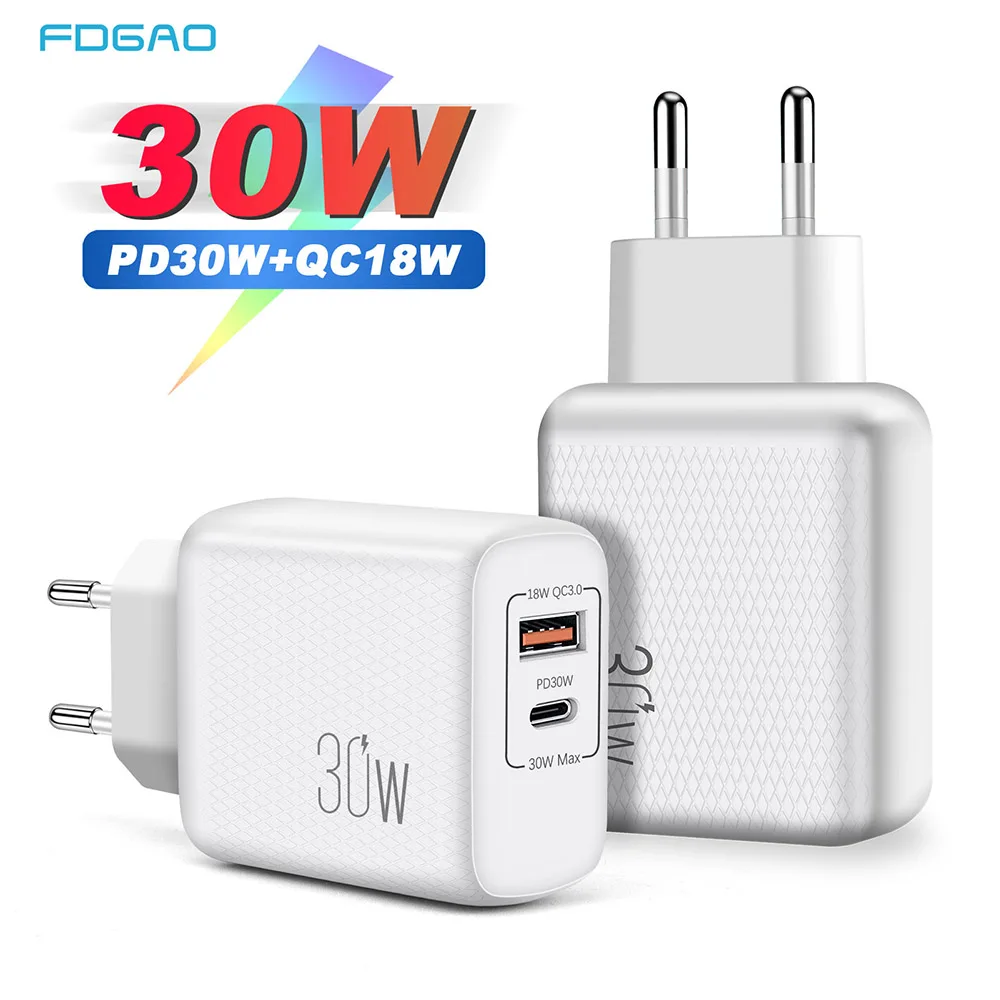 

PD 30W 2 Port Fast Charger Adapter EU US UK Plug For iPhone 13 12 11 Pro Max Samsung Xiaomi Type C QC 3.0 Phone USB Quick Charge