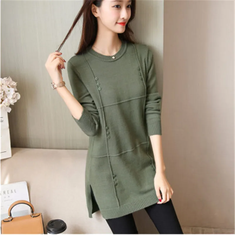 Осенние повседневные вязаные свитеры женские пуловер средней длины Дамская