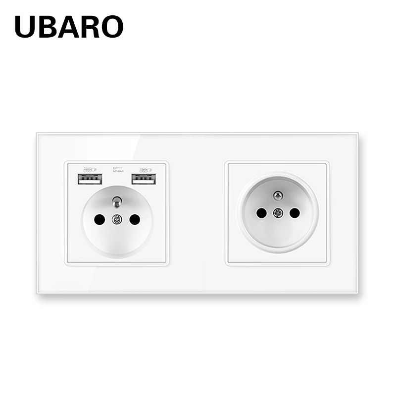 

UBARO French Standard Wall Socket Home Outlet Power Plug With Crystal Tempered Glass Frame Plus USB 5V 2100mA 250V 16A 172*86mm