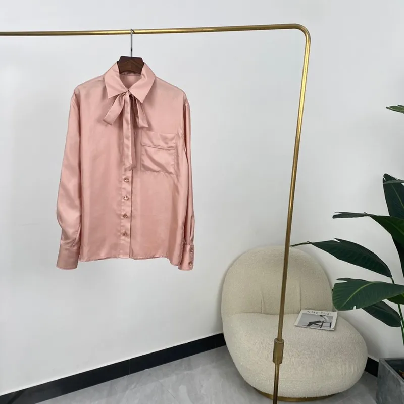 

Женские шелковые топы высокого качества, летние модные розовые однобортные блузки с отложным воротником и бантом