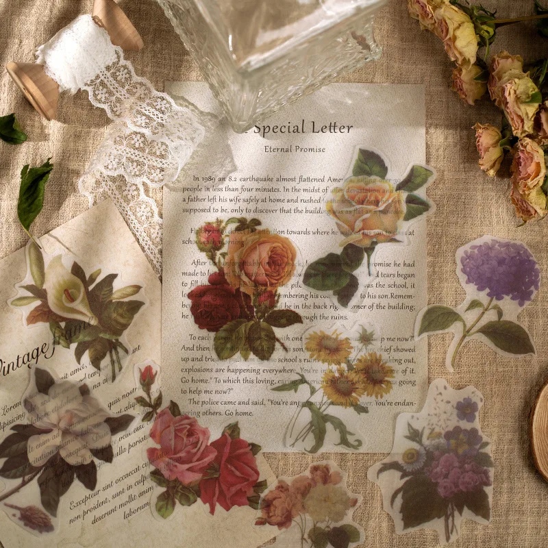 

New Sulfuric Acid Paper Retro Plant Hand Account Material Stickers 60 Pieces 6 Kawaii Stickers Flakes