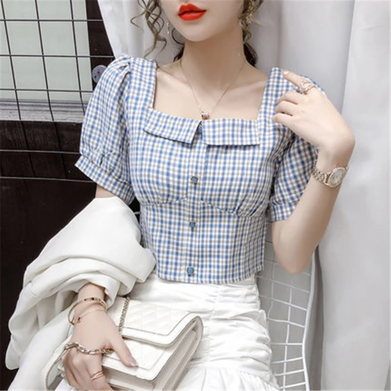 

2021 New Women Blouses Square Collar Autumn Shirts Plaid Loose Outwear Harajuku Female Casual Shirt Streetwear Top Y233
