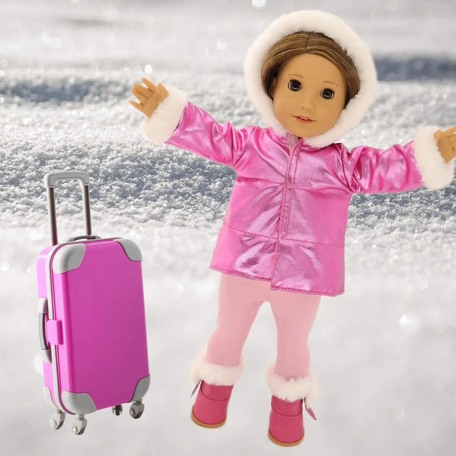 2021 American Doll Pink Suitcase Travel Carrier Storage Down Jacket Leggings and Boots Winter Clothes for Girl 18 Inch | Игрушки и хобби