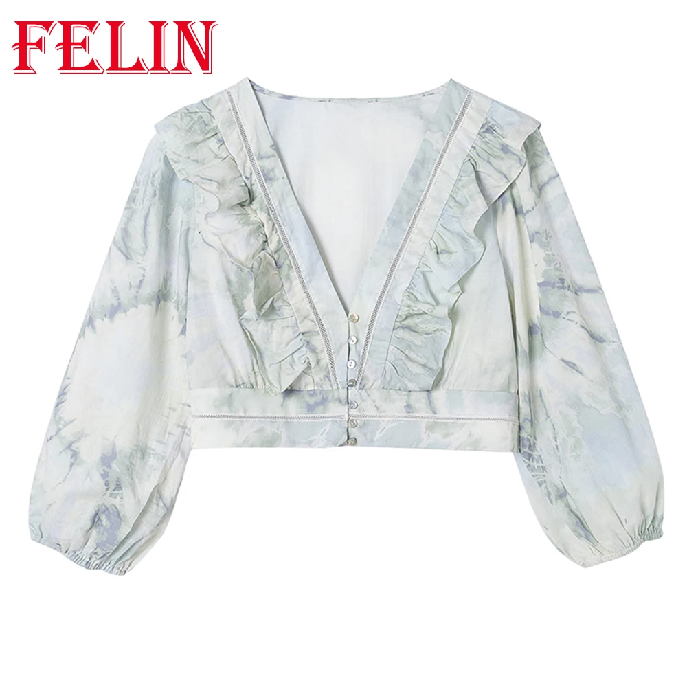 

FELIN Za 2021 Tie Dye Slim 100% Cotton Short Shirts Women Summer V-Neck Long Sleeve Mujer Laminated Trim Tops Vintage Blouse