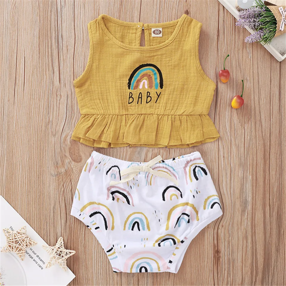 Летняя одежда для маленьких девочек топы с радужным принтом и оборками