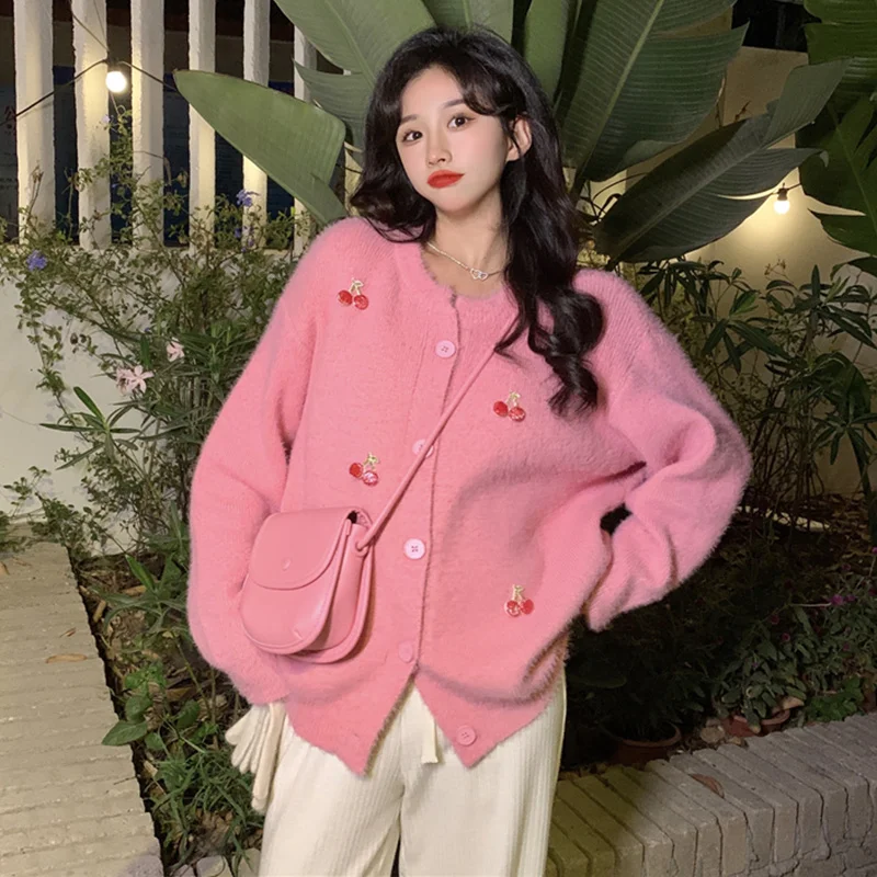 Harajpoo Sweater Woman Pink Knitted Autumn Winter Korean 2021 New Embroidery Loose Lazy Style Long Sleeve Sweet Casual Cardigan |