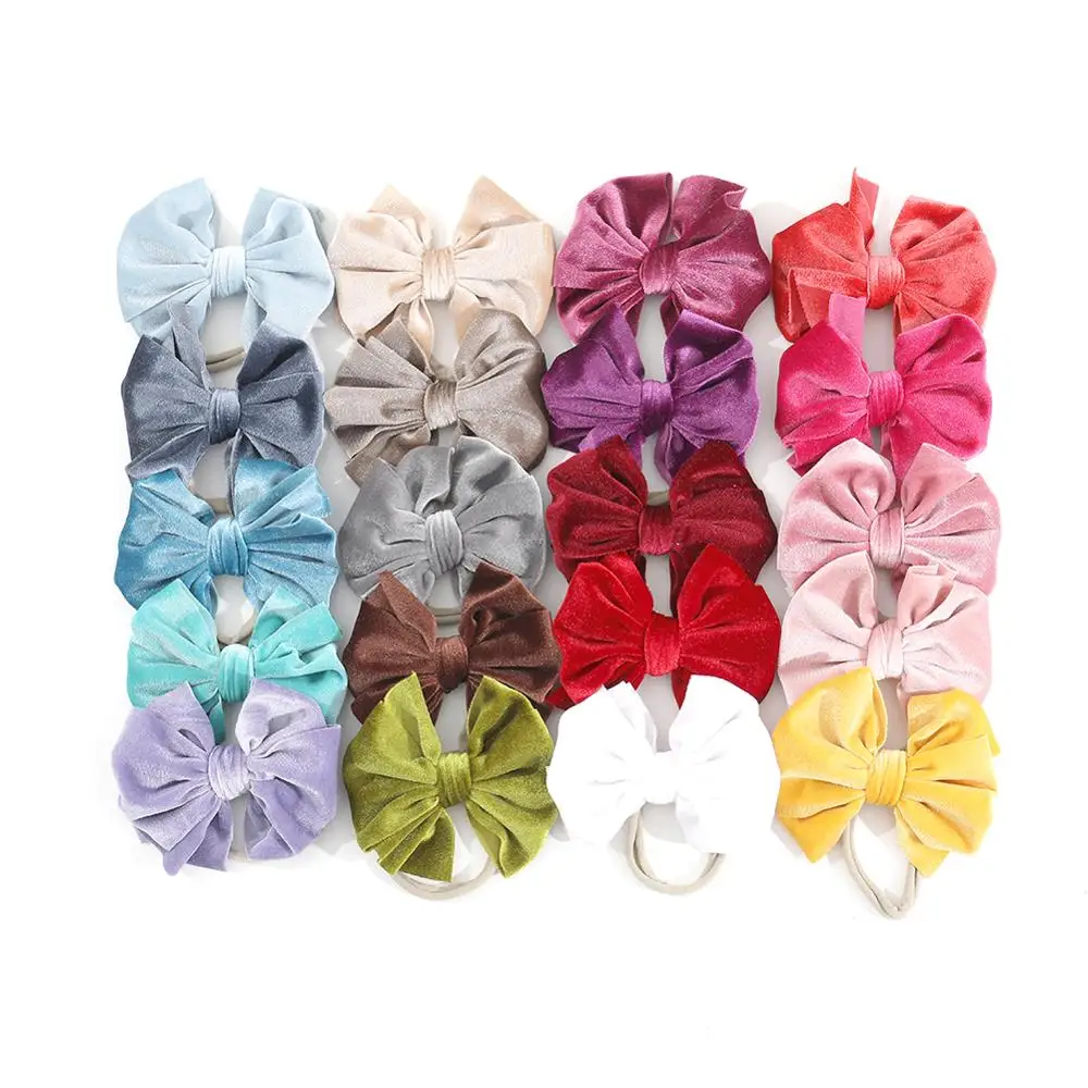 

19 Pcs/Lot Velvet Hair Bow Knot Elastic Bands for Baby Girls Handmade Velour Headband Solid Sweet Headwraps Newborn Accessories