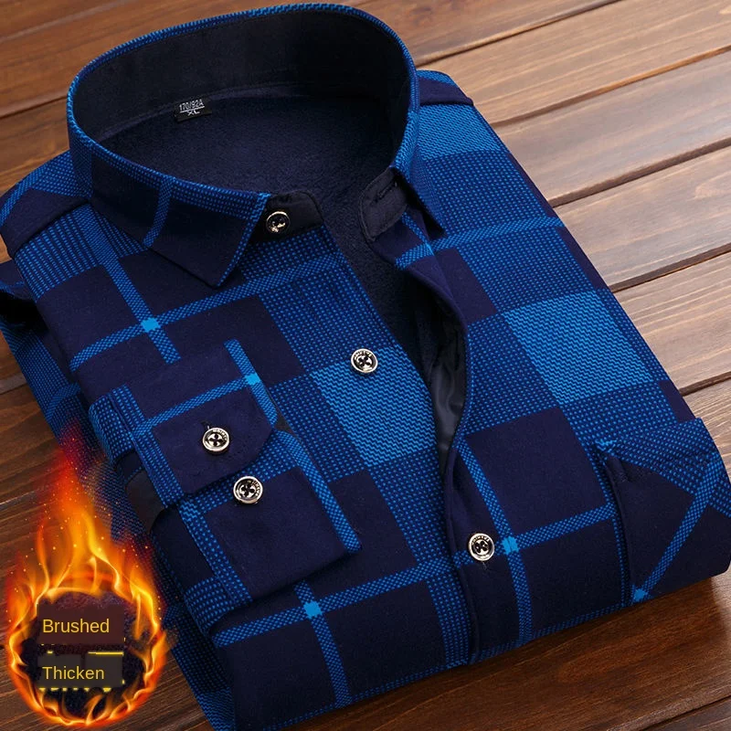 Spring Winter Men's Long Sleeve Plaid Flannel Fur Lined Thick Work Shirts fleece warm long sleeve shirt for men dress shirts | Мужская