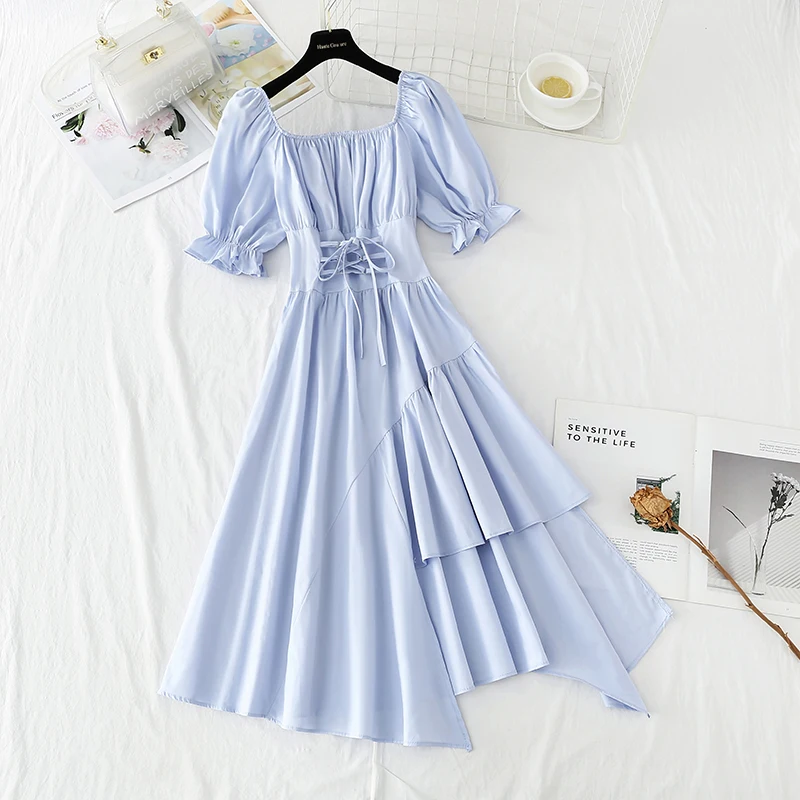 

2021Gentle Wind Summer Women Short-Sleeved Chiffon One Word Collar Beach Irregular Puff Sleeve Long Dresses