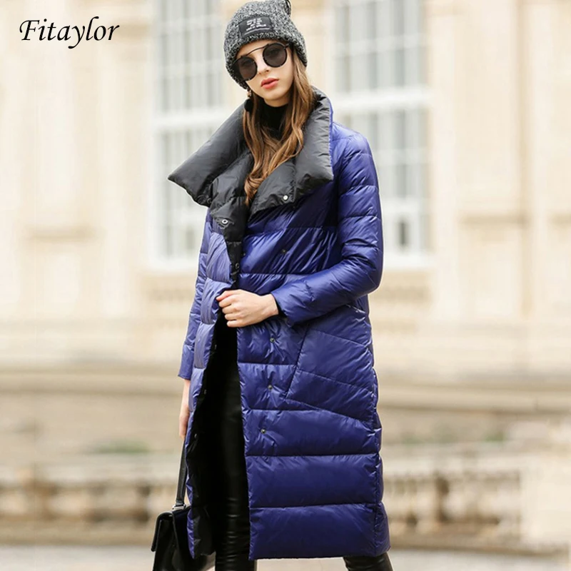 Fitaylor, женский пуховик, длинное пальто, зимний, теплый, двухсторонний, ультра-светильник, белый утиный пух, парка для женщин размера плюс, зимняя верхняя одежда
