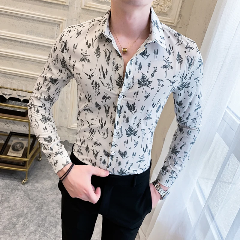 

High Quality Fashion Digital Print Shirts Men Clothing 2021 Long Sleeve Simple All Match Slim Fit Casual Night Club Prom Tuxedo