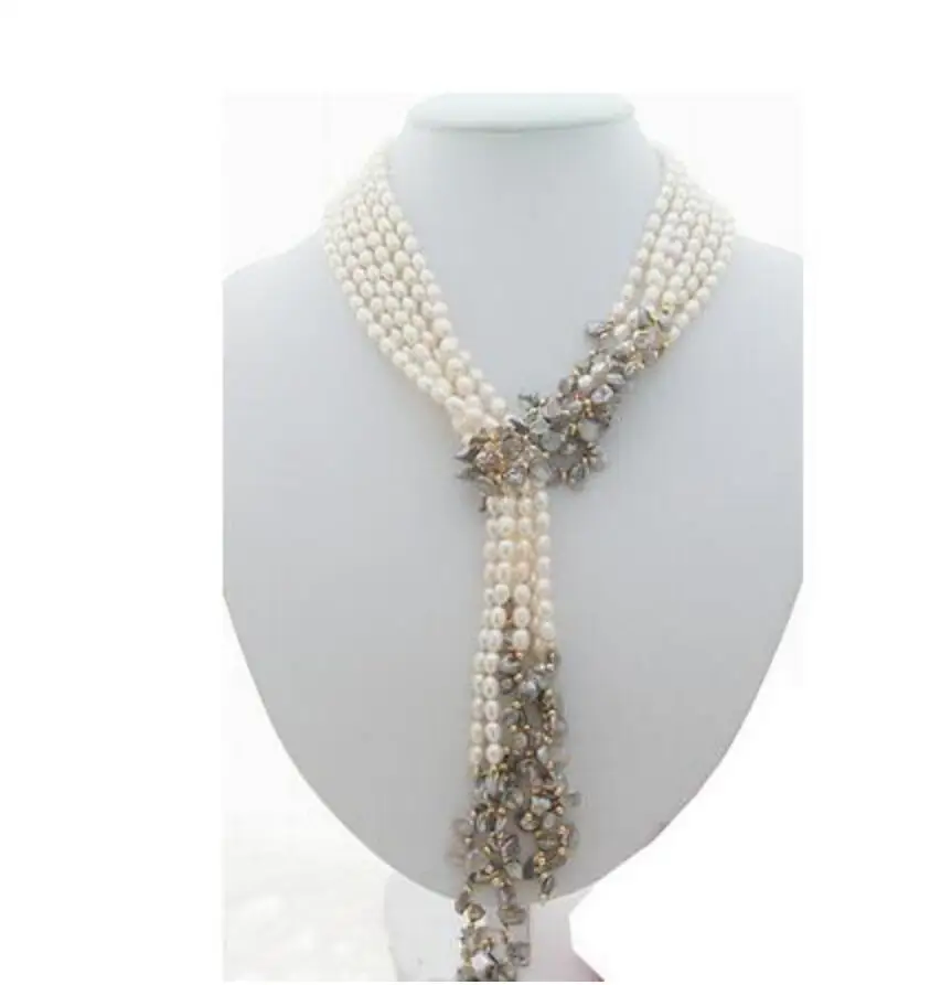 Fashion jewelry Free Shipping Wholesale price new hot sell 3Strds 49&quot White&ampGrey Keshi Pearl Necklace | Украшения и