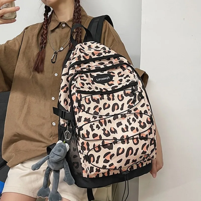 

New Waterproof Nylon Women Backpack Large Capacity School Bags for Teenage Girls Female Leopard Print Cross Rope Travel Bag 2021