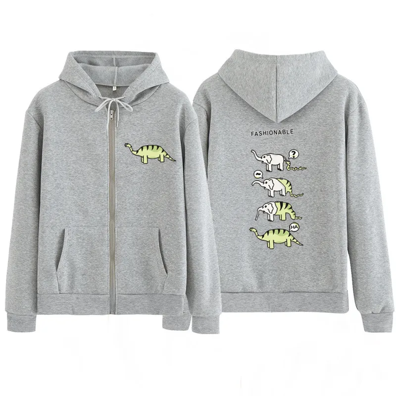 

Harajuku Elephant Dinosaur Print Winter Hoodie Zipper Oversized Newness Painted Sweatshirt Kpop Black Youth Hip Hop Streetwear
