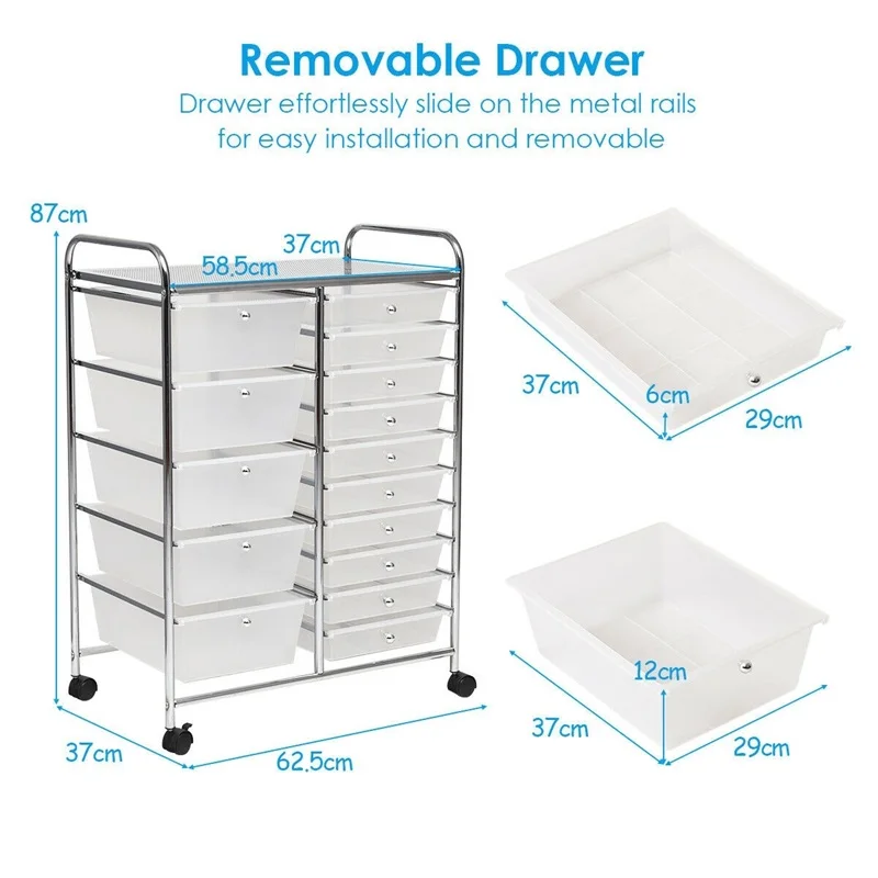 

15-Drawer Utility Rolling Organizer Cart Multi-Use Storage Steel Frame And Plastic Boxes Use Storage For School Home Use HW53825