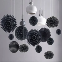 12pcsset black birthday party hanging decorations for home paper fanslanterns honeycomb ball special wedding party supplies