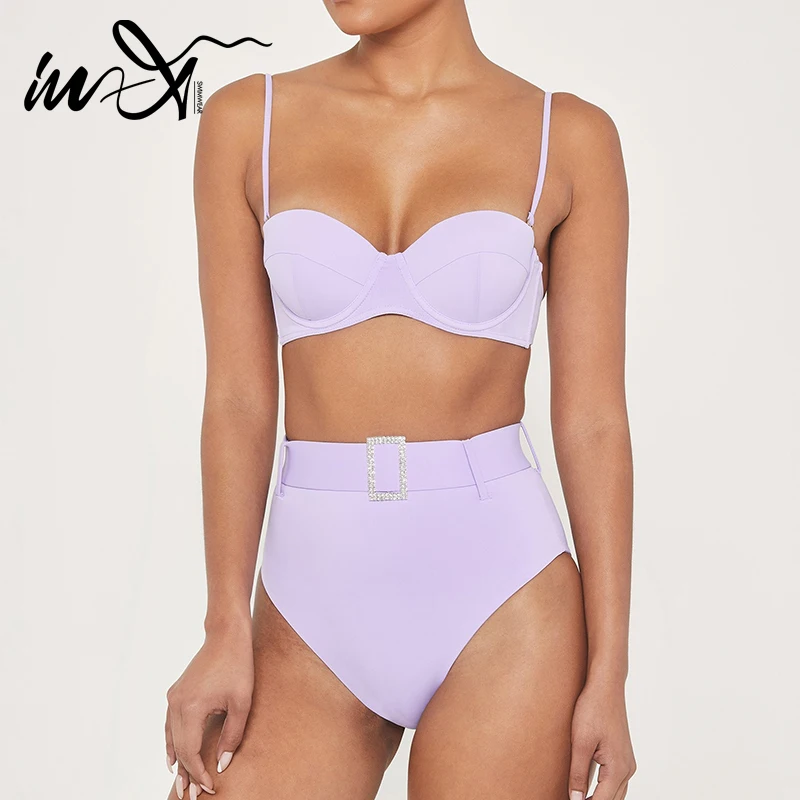 In X сексуальный комплект бикини с высокой талией 2020 Фиолетовый купальник поясом