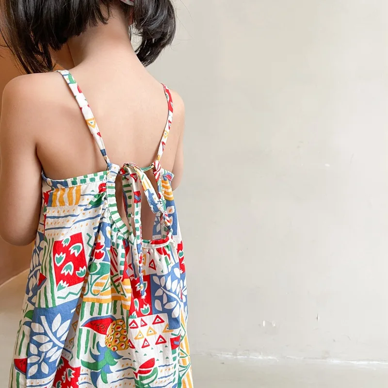 

Summer girls fashion printing holiday slip dress with Hair Band 1-6 years kids cotton loose thin beach dresses
