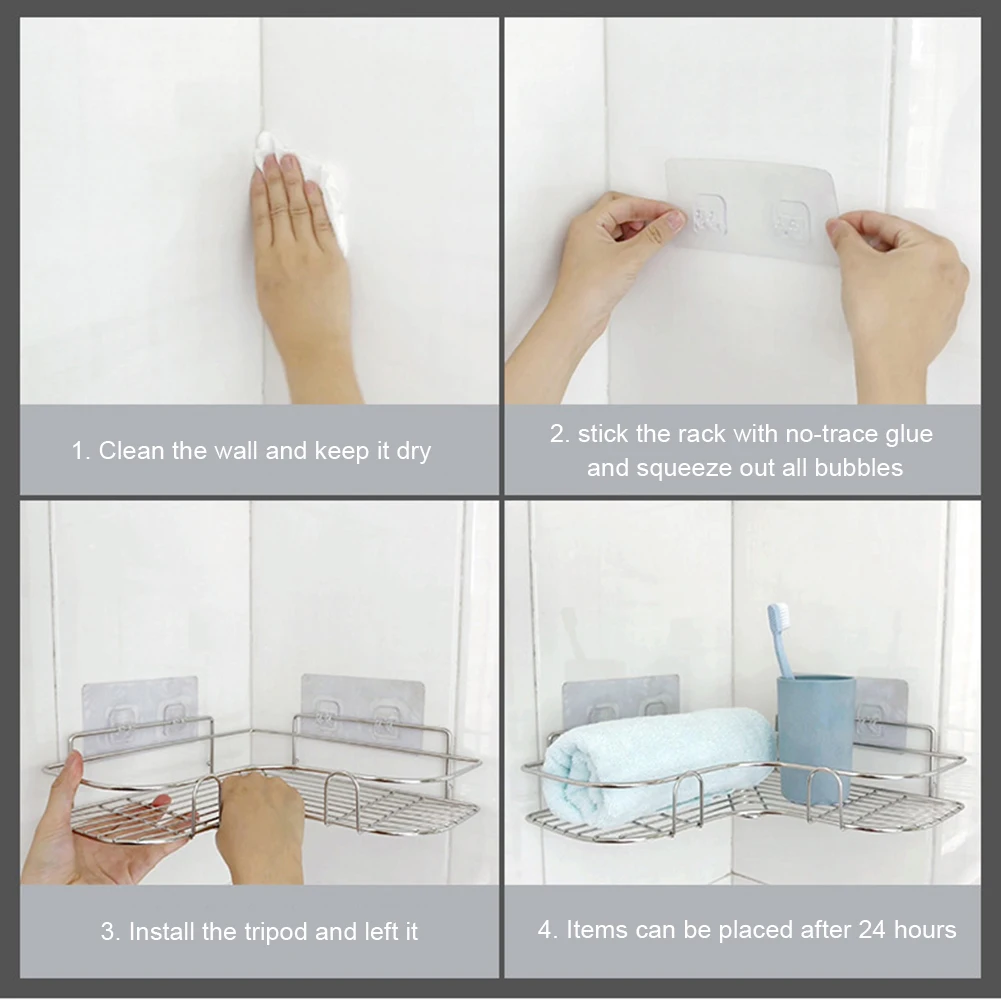 

Stainless Steel Storage Rack Punch-free Singer Layer Triangle Wall Mounted Shelf Holder For Bathroom Kitchen Bedroom Living Room