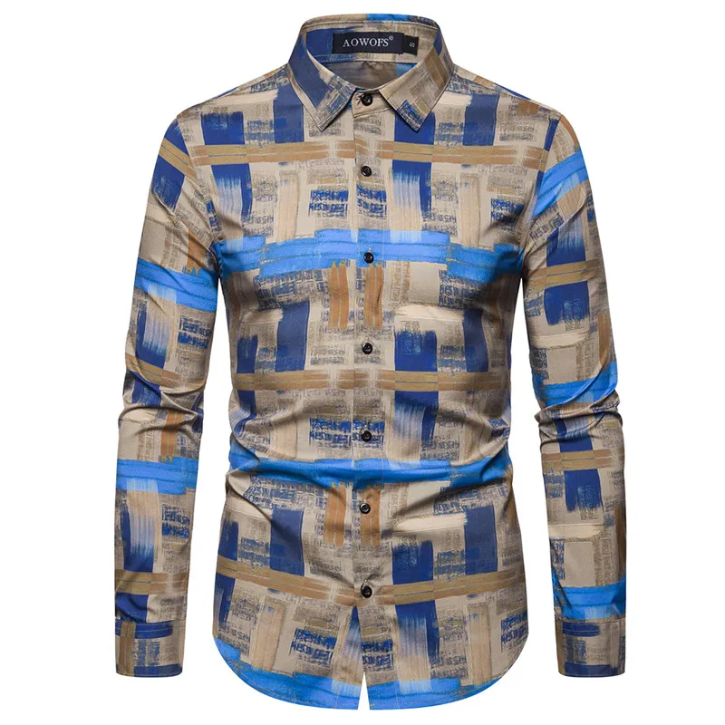 

2020 Cotton Men Fashion Long Sleeves Shirt Spring Button Up Print Causal Shirts