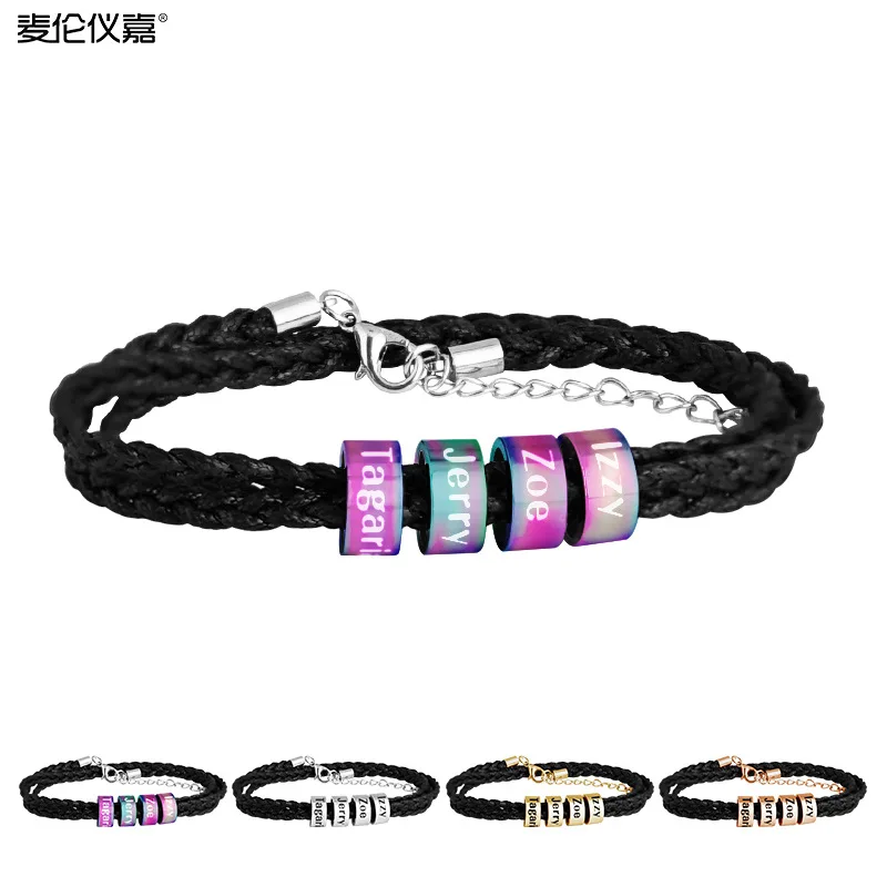 Индивидуальный мужской черный кожаный браслет маленькие бусины на заказ с