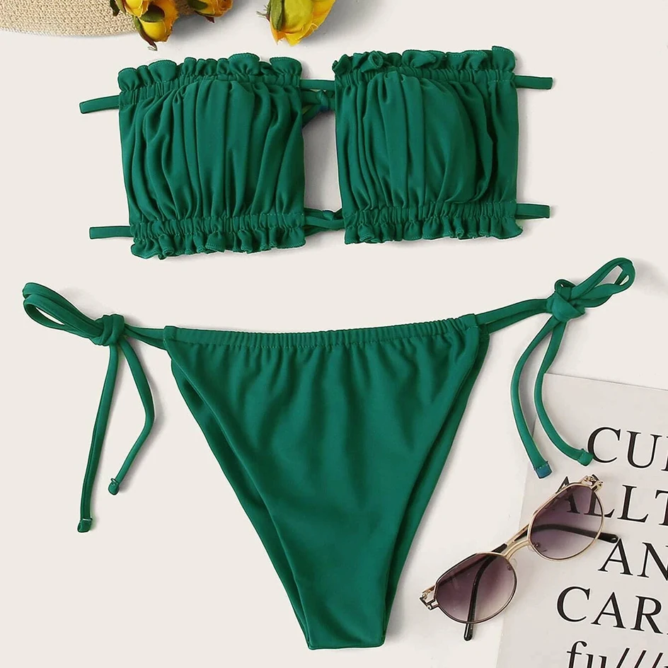 

Sexy Bikini 2021 Pleated Bandeau Swimsuit Female Swimwear Women Mini Thong Bikini Set Bather Swimming Beachwear for Bathing Suit