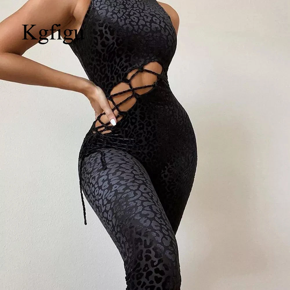 

KGFIGU Leopard Velvet Bandage Jumpsuits Women Sexy Sleeveless Cut Out Black Bodycon Rompers Lady Cute Party Stretchy Overalls