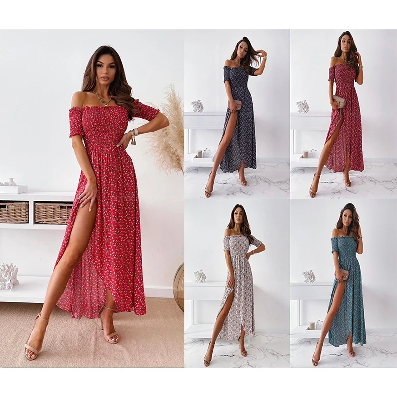 

Summer Dress for Women Pleated Off The Shoulder High-Waist Lady Dresses Print Sexy Side Split Female Spaghetti Strap Vestido