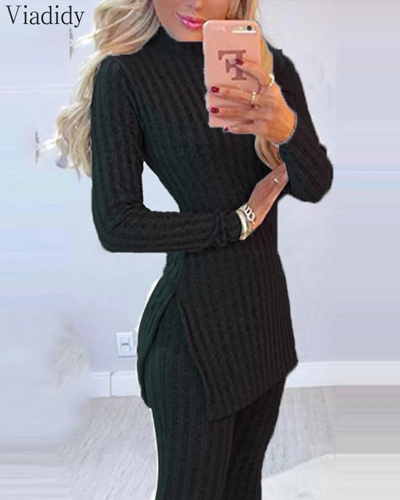 women winter 2pcs suit long sleeve ribbed slit long top and high waist knitted pencil pants set free global shipping