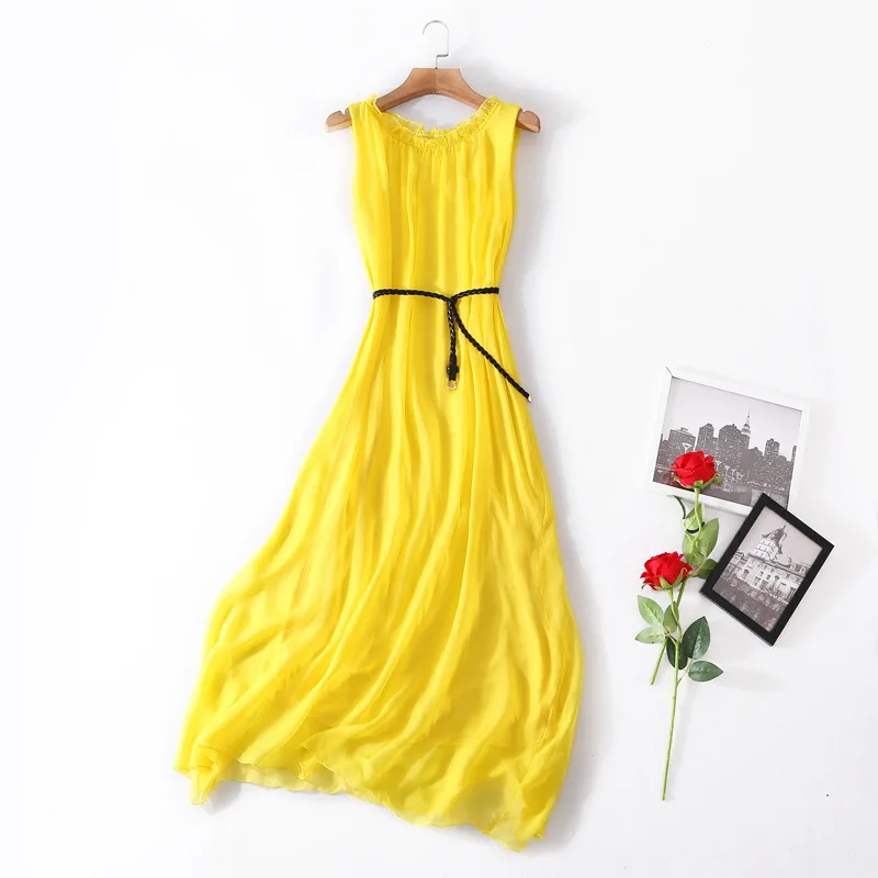 

Sleeveless temperament silk dress 2021 summer boutique women's lace up waist swing skirt loose medium length skirt