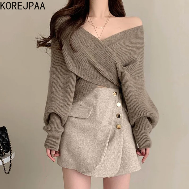 

Korejpaa Elegant V-neck Cross Sweaters Women Off Shoulder Slim Long Sleeve Solid Short Knit Pullover Buttoned High Waist Skirt