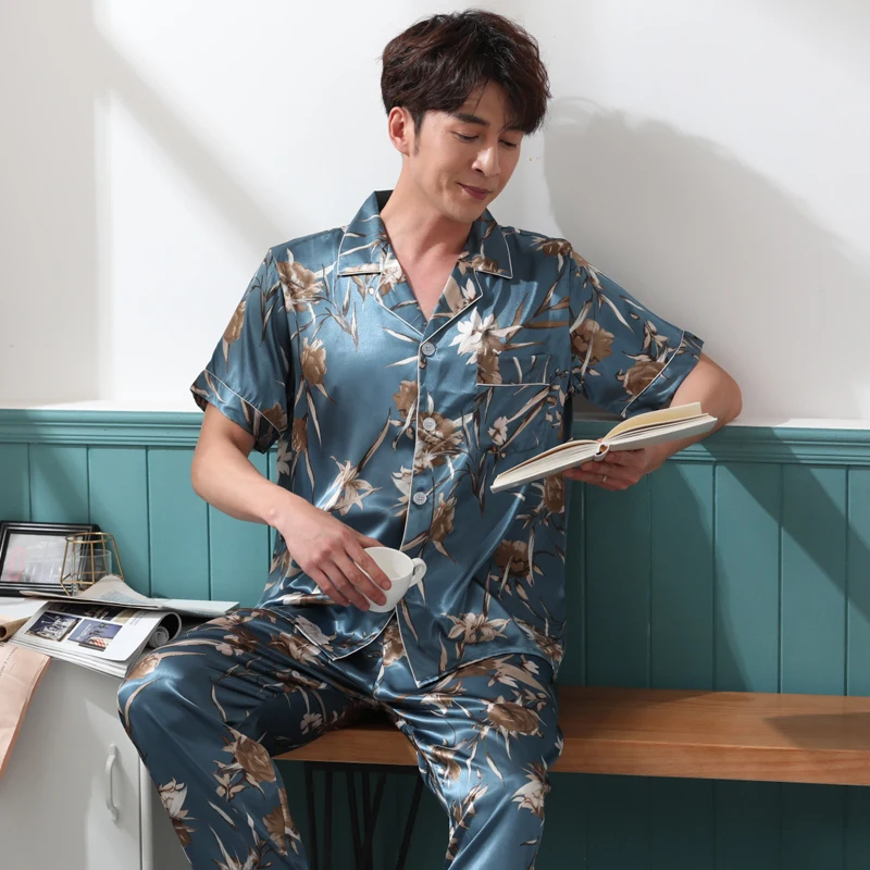 Пижамный комплект мужской шелковый одежда для сна с отложным воротником и