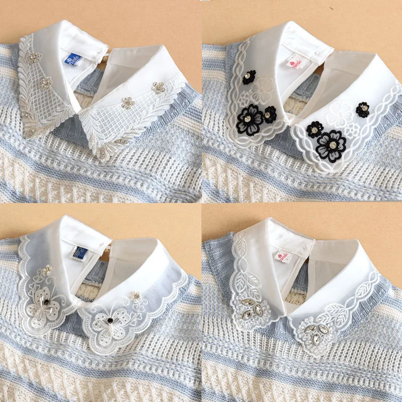 

Beading Fake Collar Shirt Peter Pan Doll Detachable Collar Fake Women Embroidery False Collars Woman Ladies Sweater Half Shirt