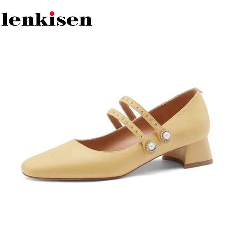 

Lenkisen spring 2021 sheepskin square toe pearl-studded shallow thick med heels ladies mary Janes buckle straps fashion womenL19