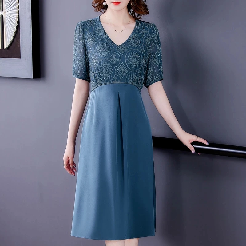 

Summer Silk Floral Embroidery Midi Dresses Vintage Solid Plus Size Women Black Hepburn Dress high qualityElegant Party Vestidos