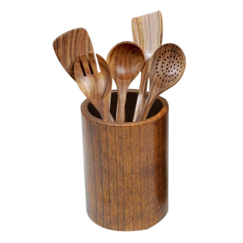 

New Wooden Cooking Utensils for Kitchen,with Storage Bucket,for Cooking Tools for Nonstick Cookware,Natural Teak Wood,6 Pack