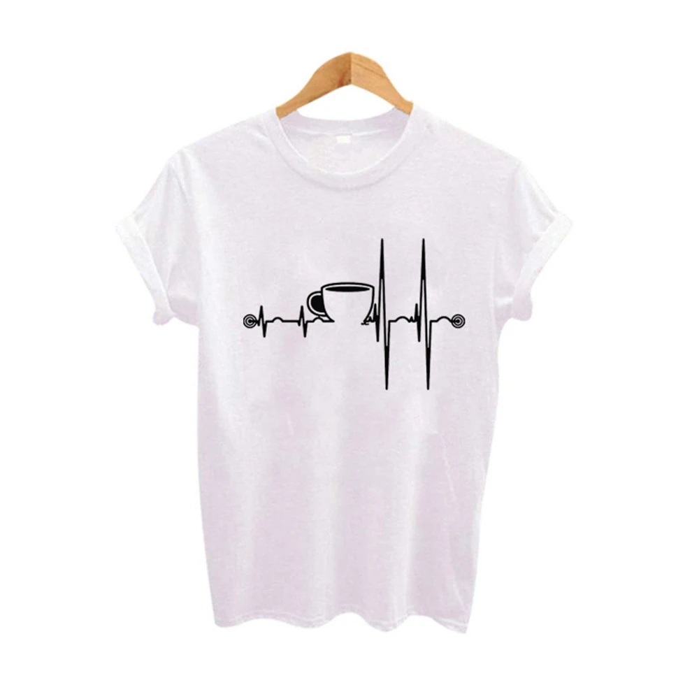 

Heartbeat Coffee Print T Shirt Women Short Sleeve O Neck Tshirt Summer Women Tee Shirt Tops Camisetas Mujer WL33