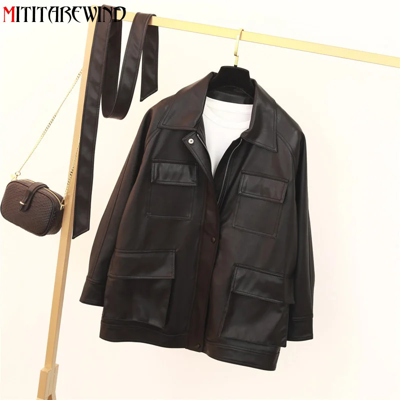 

Куртка женская Свободная из ПУ кожи, модный пиджак средней длины в корейском ретро стиле с ремнем, мотоциклетная верхняя одежда, BF Style