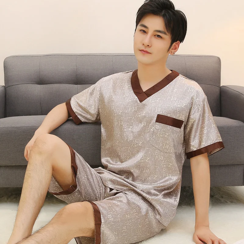 Мужские пижамные комплекты атласные шелковые пижамы футболки + шорты для