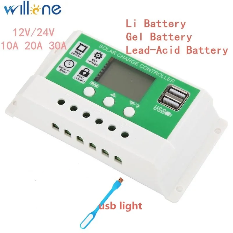 Willone Новое поступление 10A/20A/30A 12 В 24 в ЖК дисплей двойные солнечные панели из