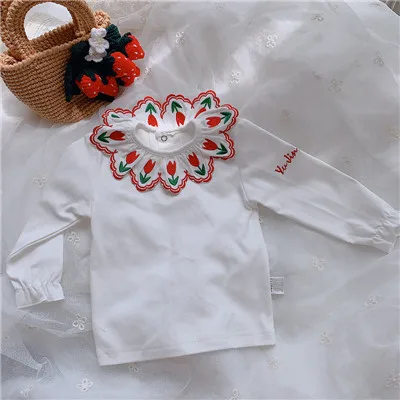 Flower EnkeliBB/белая блузка с длинными рукавами в Стиле Лолита для маленьких девочек; базовые Топы с вышивкой клубники и вишни; качественные белые блузки для маленьких девочек - Цвет: Flower