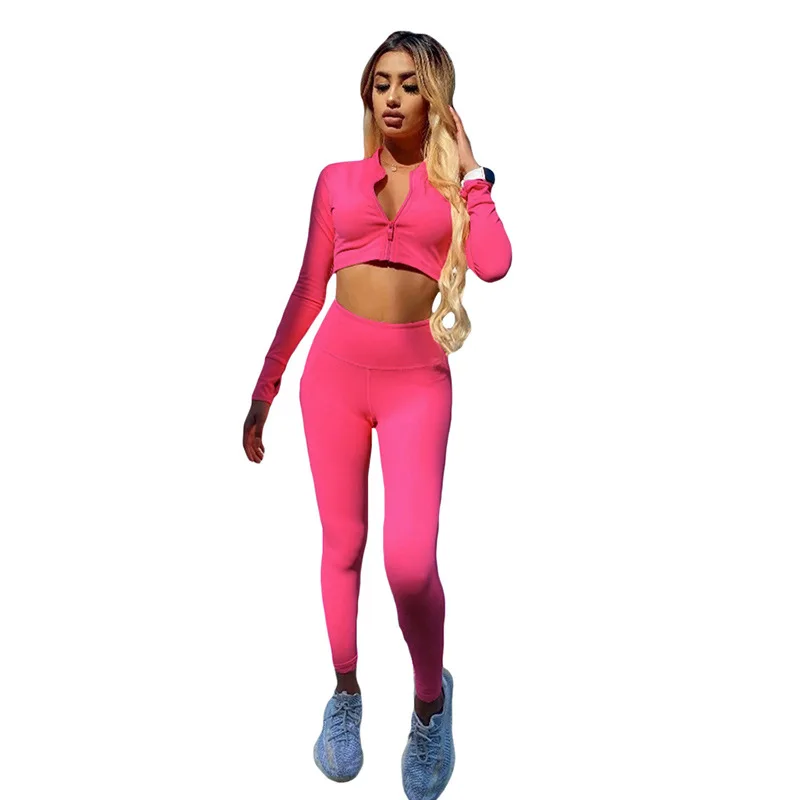 

92K20S08742 Spring and autumn casual and versatile pure color style new fashion cardigan tight sports suit two piece set women