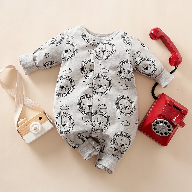 

Hibobi 2021 Spring and Autumn Baby Boy Lion Pattern Long Sleeve Jumpsuit Pajamas 0-18 Months