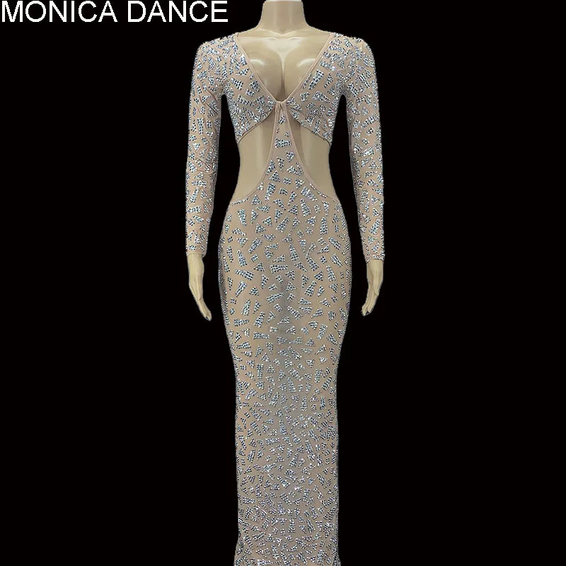 

Women Sexy Silver Rhinestone Transparent T-shirt Long Dress Evening Birthday Celebrate Dress Sexy Dancer Performance Dress