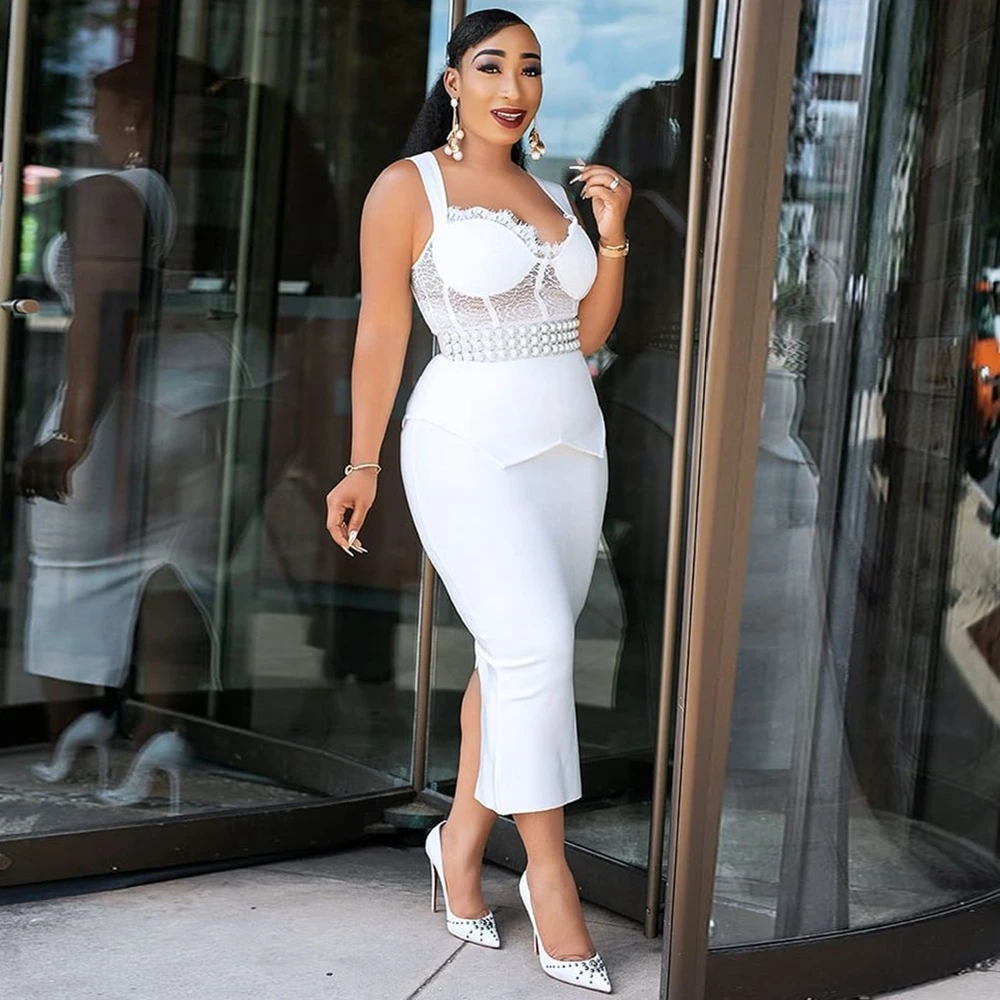 Ocstrade белое платье на бретельках без рукавов выше колена Сетчатое Бандажное