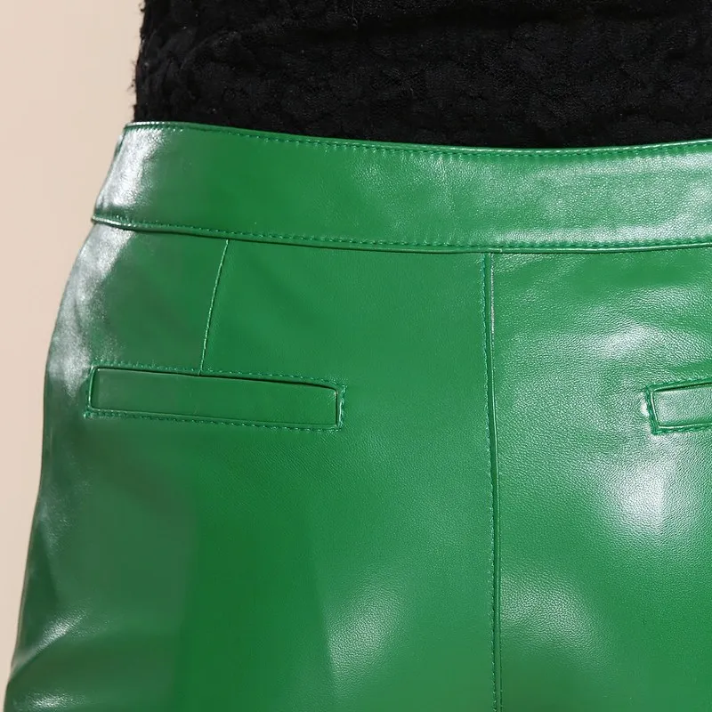 Straight Leg Wrap Women Autumn Winter Casual Zipper Real Leather Booty Shorts Green Black Designer Solid Hot