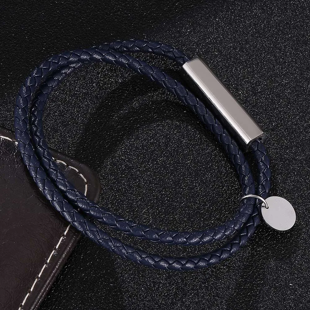 Двухслойный темно синий кожаный браслет модный для пары и с веревкой на цепочке