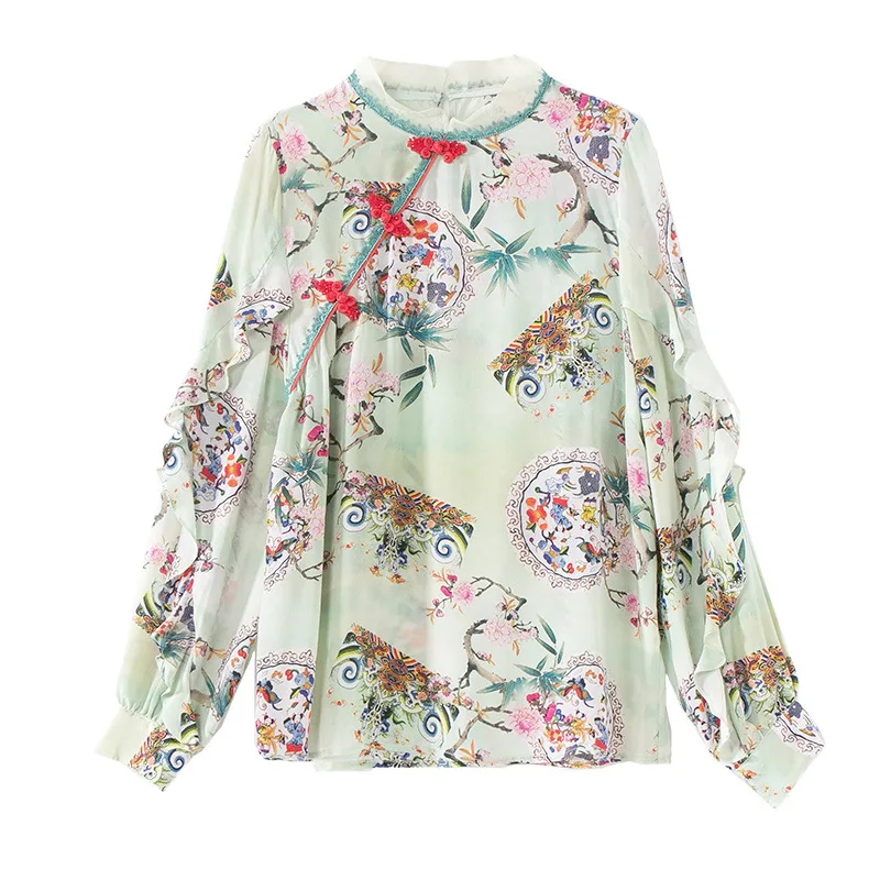 Высококачественная Весенняя и летняя рубашка из 100% шелка в китайском стиле